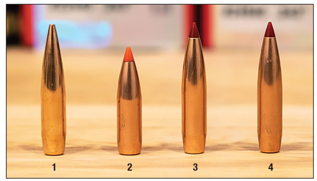 Pictured: (1) Berger 105-grain Hybrid Target, (2) Hornady 87-grain V-MAX, (3) Hornady 103-grain ELD-X and (4) Hornady 108-grain ELD-Match.